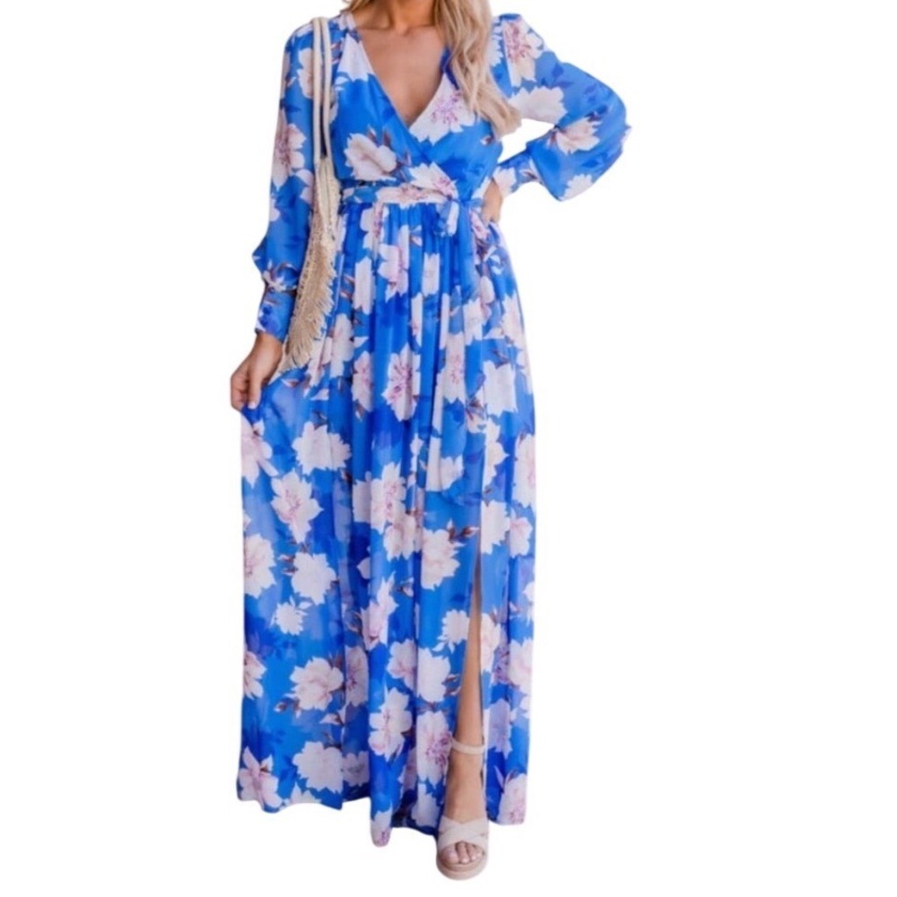 Blue Floral Maxi Wrap Dress - V-Neck Long Sleeve